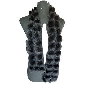 Vintage Preston & York Premier Black Rabbit Fur Pom Pom/Crochet Scarf Wrap 50x4